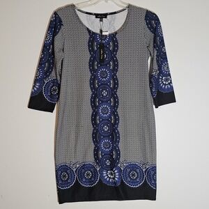 Melissa Paige Dress Womens Medium Sapphire Blue Black Print 3/4 Sleeve Stretch